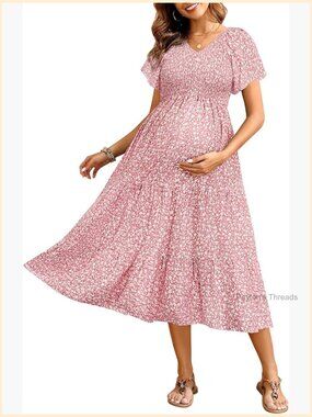 Maternity Midi Dress with Flutter Sleeves for Baby Shower Photoshoot